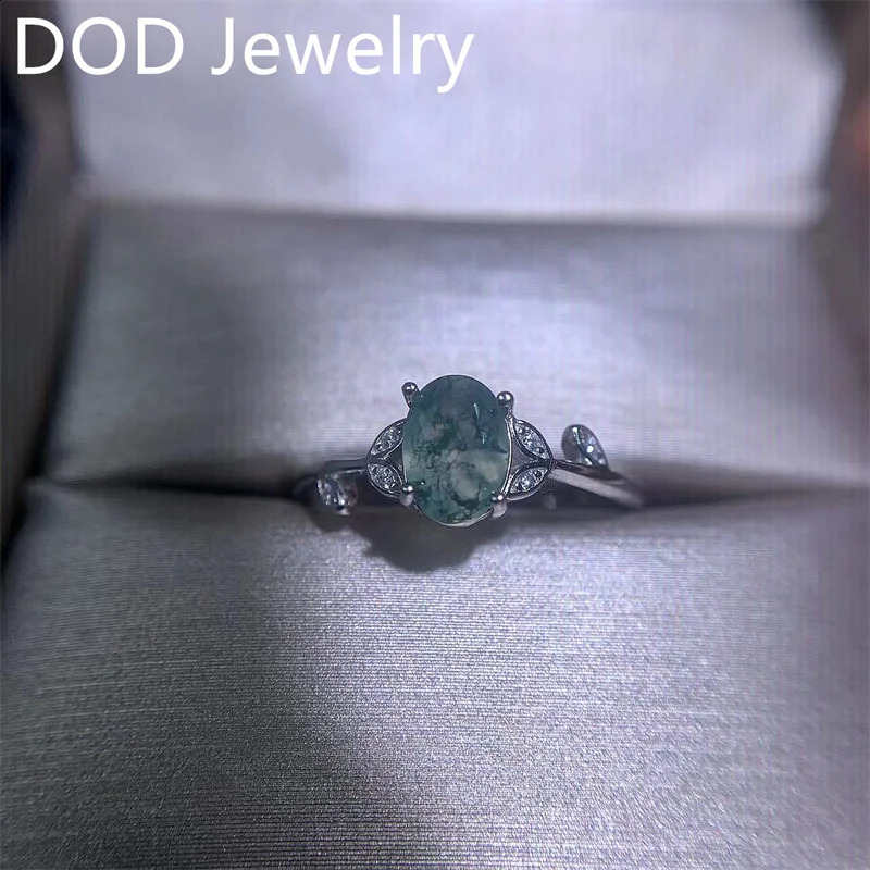 Womens Silver Ring 5X7mm Oval Cut Moss Agate Cluster Halo Engagement Rings In 925 Sterling 240906