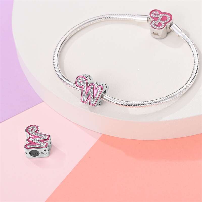 New 925 Sterling Silver 26 Pink Princess Shiny Letter Charms Beads Fit Original Bracelets DIY Birthday Jewelry