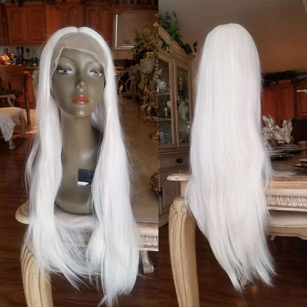 White Blonde Synthetic Natural Straight Platinum Lace Front Wig 13X4 Heat Resistant Fiber