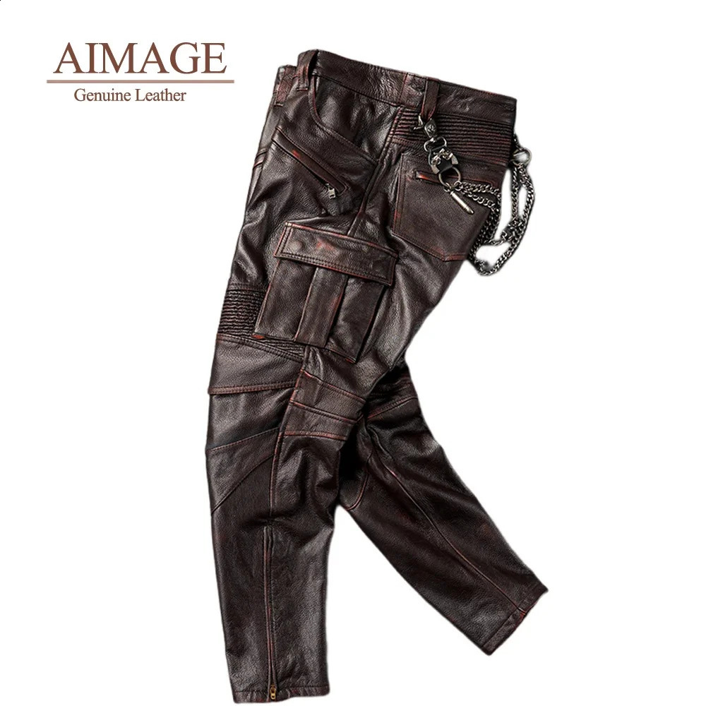 Retro mens denim leather pants with multiple pockets Pantalones De Cuero Moto Ride Pantalon Cuir travel windproof latex mens PY416 240913