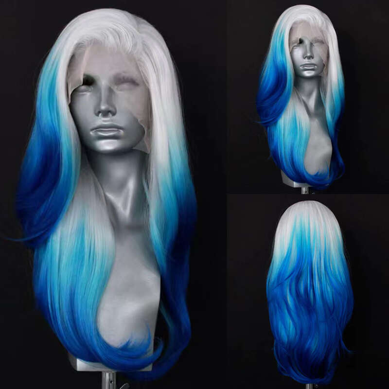 AIMEYA Ombre White To Blue Natural Wave Synthetic Lace Front Wigs For Women Daily Use Cosplay Wig