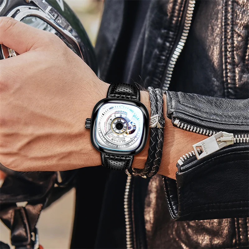 GLENAW Mechanical Watch for Men Breathable Leatherstainless Steel Automatic Skeleton Mens Watches Top Reloj Hombre 240906