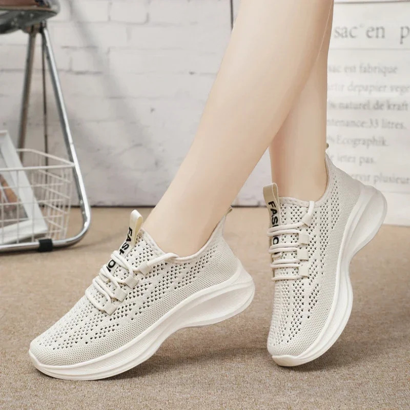 Women's casual mesh breathable lace up vulcanized shoes, women's platform comfortable sports shoes