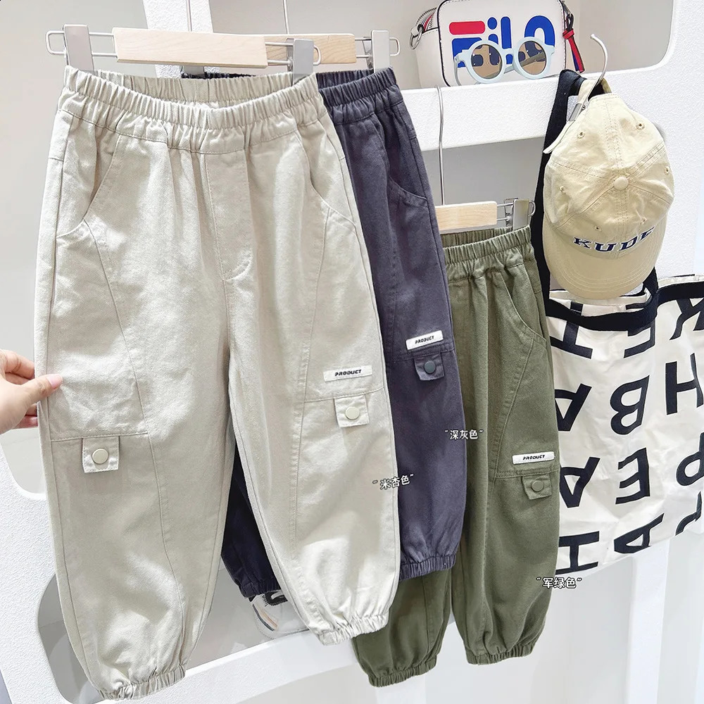 Spring Autumn Children Boys Cargo Pants Elastic Pockets Solid Kid Boys Jogger Pants Letter Sticker Student Boys Trousers 240906