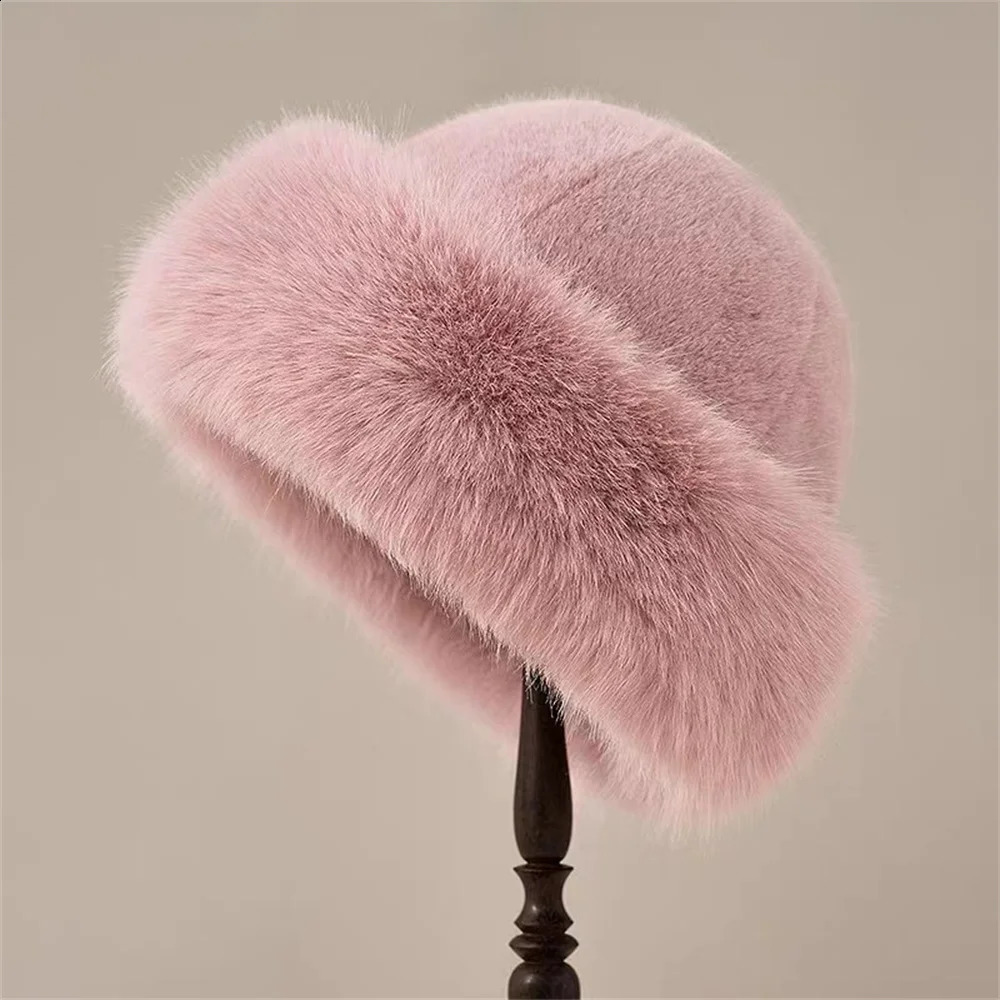 2023 Big Fluffy Faux Fur Bucket Hat for Women Plush Fisherman Warm Winter Thicken Cold Snowy Day Panama Cap 240906