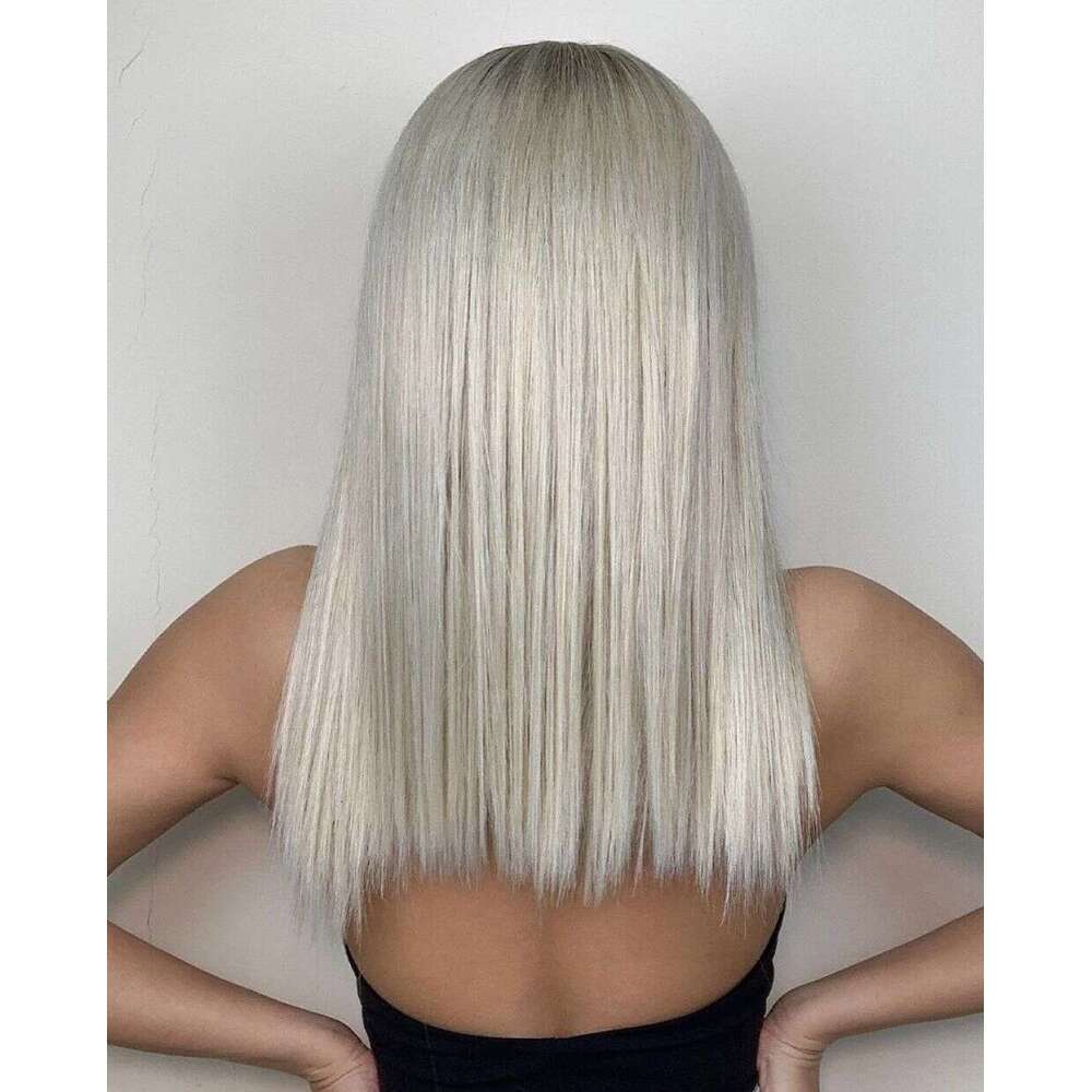 Platinum Synthetic Ash Blonde Roots Ombre Human Hair Wigs 10% Mixed Straight Lace Front Wig Daily/Cosplay
