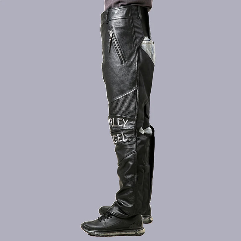 Mens leather pants can be equipped with protective gear multi pocket cowhide full grain cowhide leather 240913