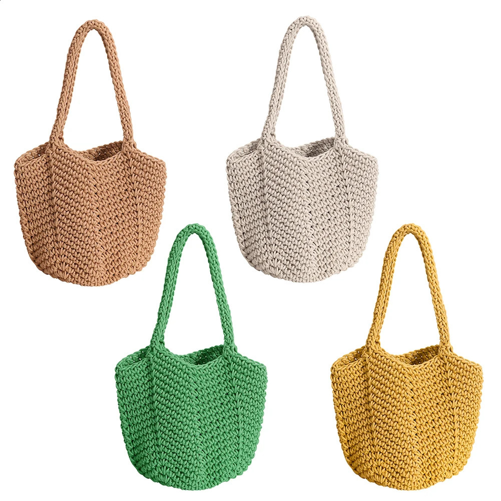 Korean woven handbag retro knitted summer casual simple solid color elegant portable seaside vacation 240913