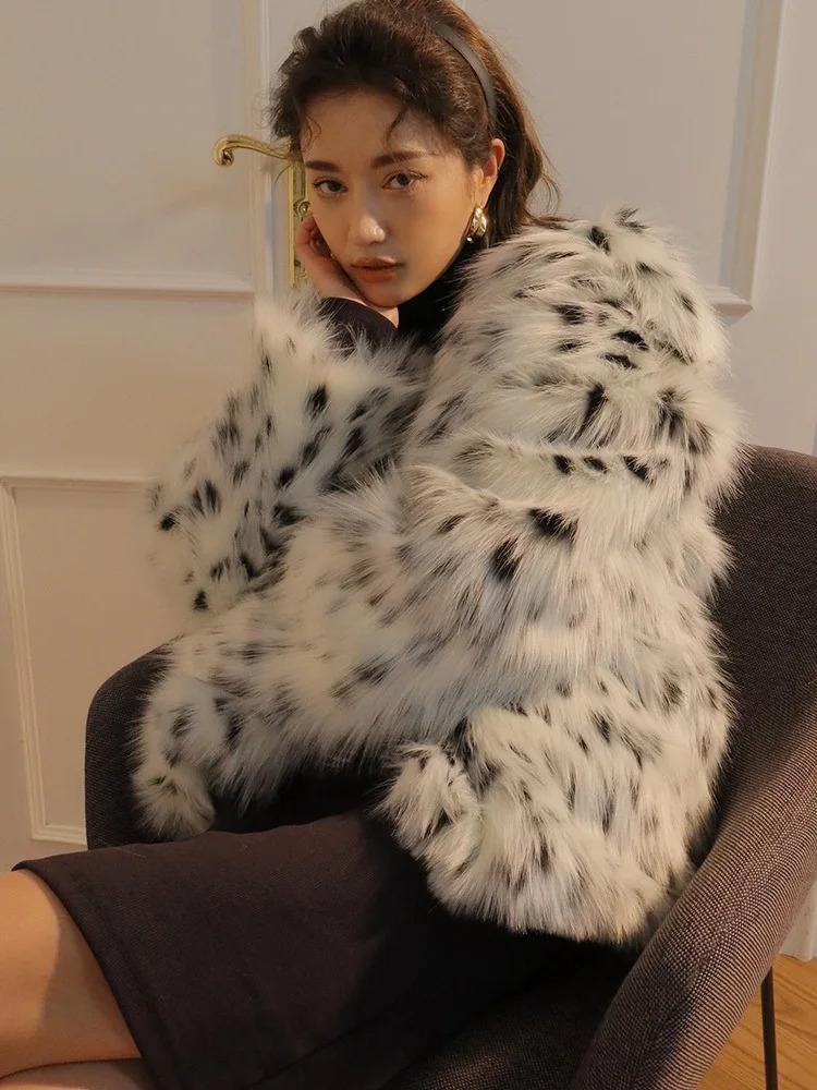 Cat Printed Imitation Fox Black And White Ed Leopard Lapel Loose Coat Young Women Thick Warm Fur Outer Wear Winter
