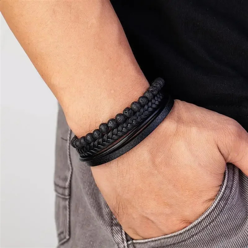 Fashionable volcanic stone bead bracelet multi woven leather bracelet mens stainless steel magnetic bracelet jewelry gift 240914