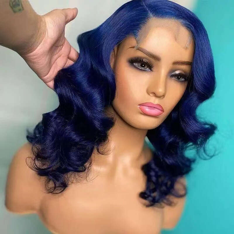 Dark Blue Short Wave Lace Front Wigs For Black Women Side Part Shoulder Length Bob Heat Resistant Synthetic Wig