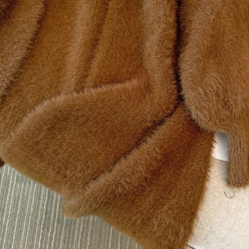 Korean Fashion Brown Mink Sweater Cardigan Coat Women Autumn Beige Loose Soft Top White Long Knitted Jacket Simple 240904