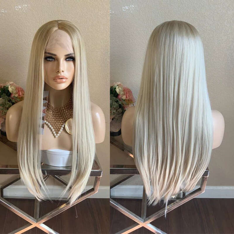 Ash Blonde Synthetic Front For Women #60 Long Straight 26" Pre Plucked 30% Human Hair Heat Resistant Lace Wig Daily Use