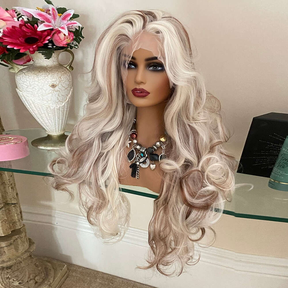 Blonde Brown Highlights Human Synthetic Mix Wigs Natural Haire 28Inch Heat Resistant Body Wave Lace Front Wig For Women