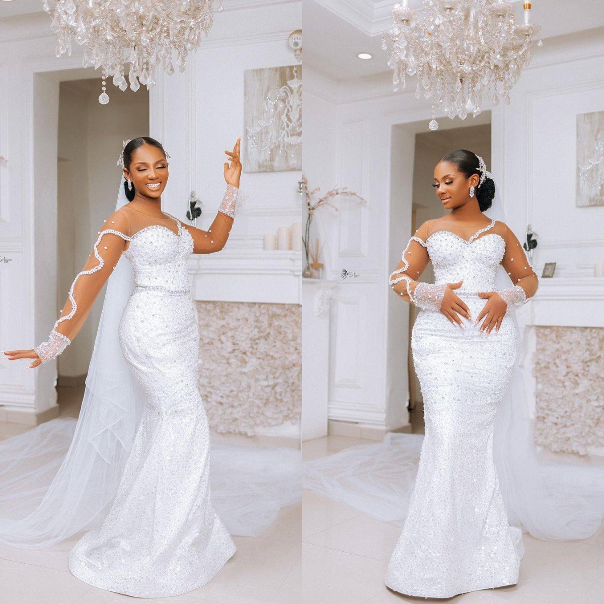 Plus Size Mermaid Wedding Dress Appliques Pearls O Neck Bride Gowns Bead Long Sleeve Pleats Bridal Dresses With Veil Custom Made