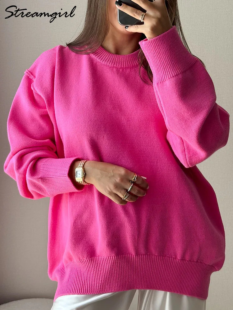 Blue oversized womens sweater winter thick beige floral autumn fashionable loose Oneck jumping 240906