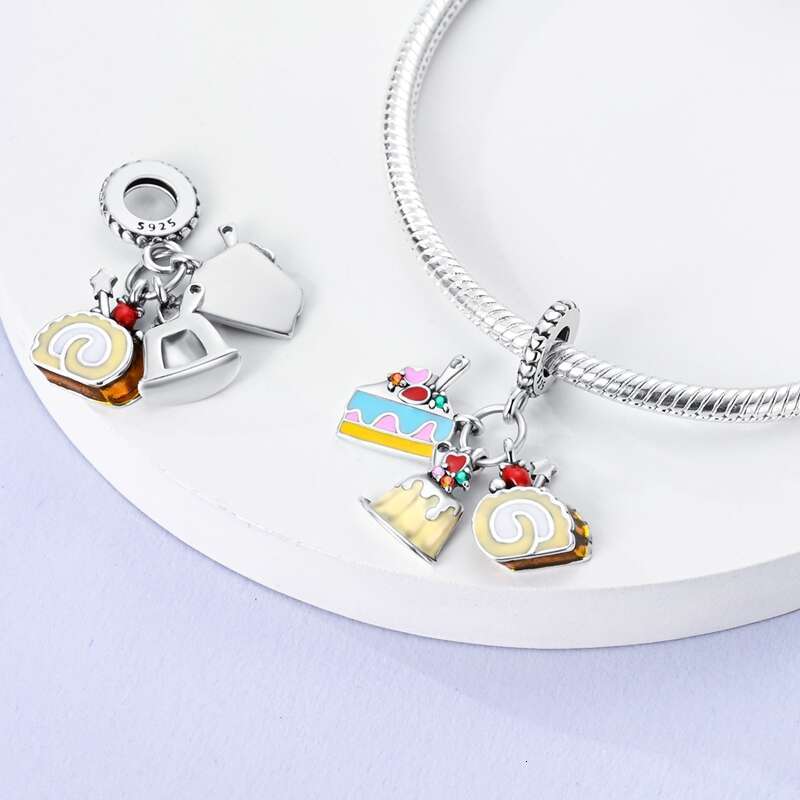 925 Sterling Silver Coffee Cake Pizza kola Avocado Food Charms Bead Fit Original Bracelets DIY Making Jewelry