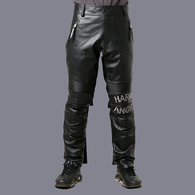 Mens leather pants can be equipped with protective gear multi pocket cowhide full grain cowhide leather 240913
