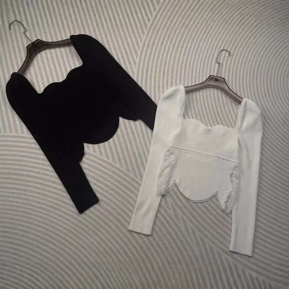Bottom sweater for women, autumn and winter, stylish, slim fit, versatile, square neck, heart machine, collarbone, V-neck, long sleeved knitted sweate
