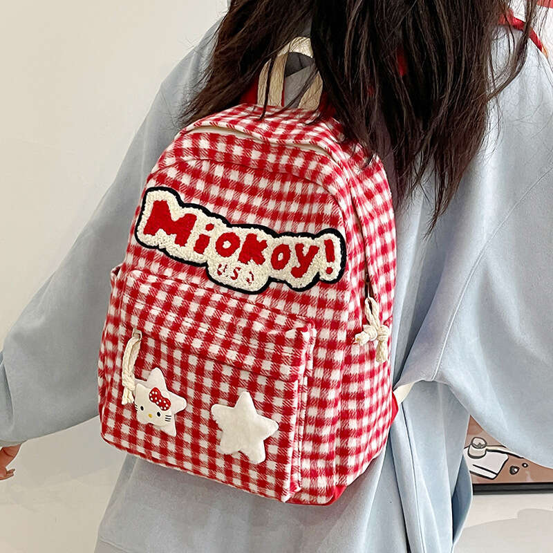 AMZZ Red Checkered Cartoon Cute Student Backpack, Travel Spring Outing Snack Bag 50