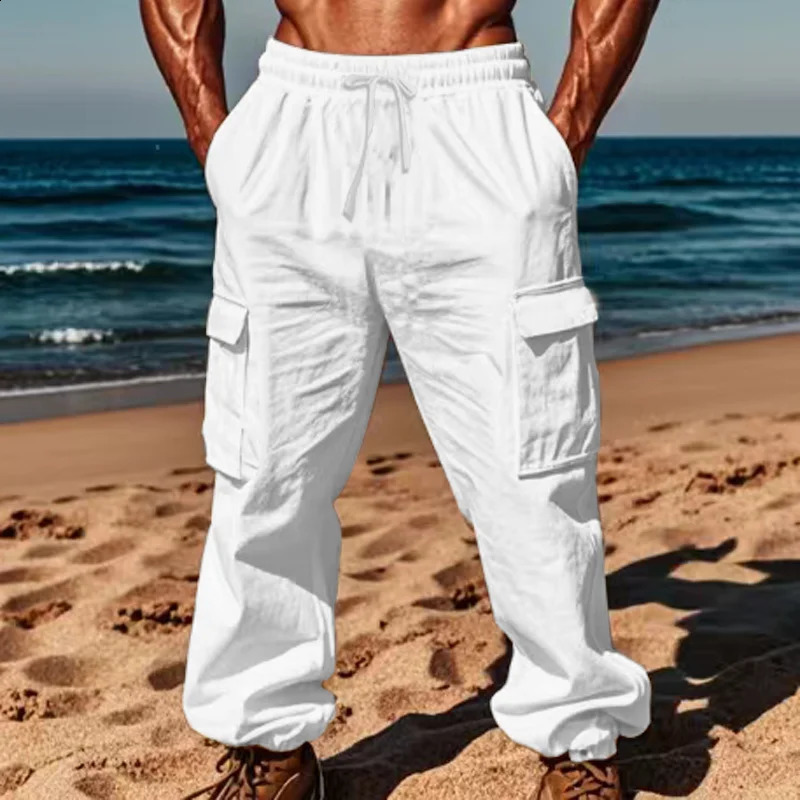 Autumn Daily Casual Breathable Cotton Pants Men Streetwear Fashion Multi Pockets Cargo Pants Vintage Mens Solid Color Pants 240913