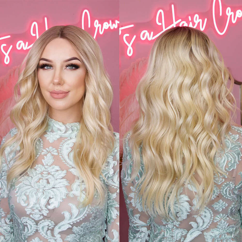 Synthetic Heat Resistant Blonde Wavy Human Hair Mixed 10% Dark Roots Ombre Front Wig 13X4 Transparent Lace