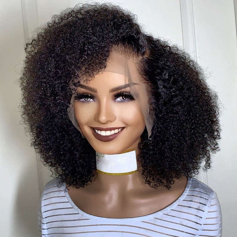 Short Afro Kinky Curly Synthetic Bob Wig Lace Front Wigs 10% Mixed Human Hair For Women Daily Wear Side Parting