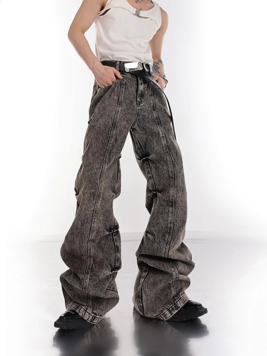REDDACHIC Retro Gray Stacked Flare Jeans for Men Y2k Distressed Bootcut Pants Wide Leg Low Waist Bell Bottoms Emo Streetwear 240912