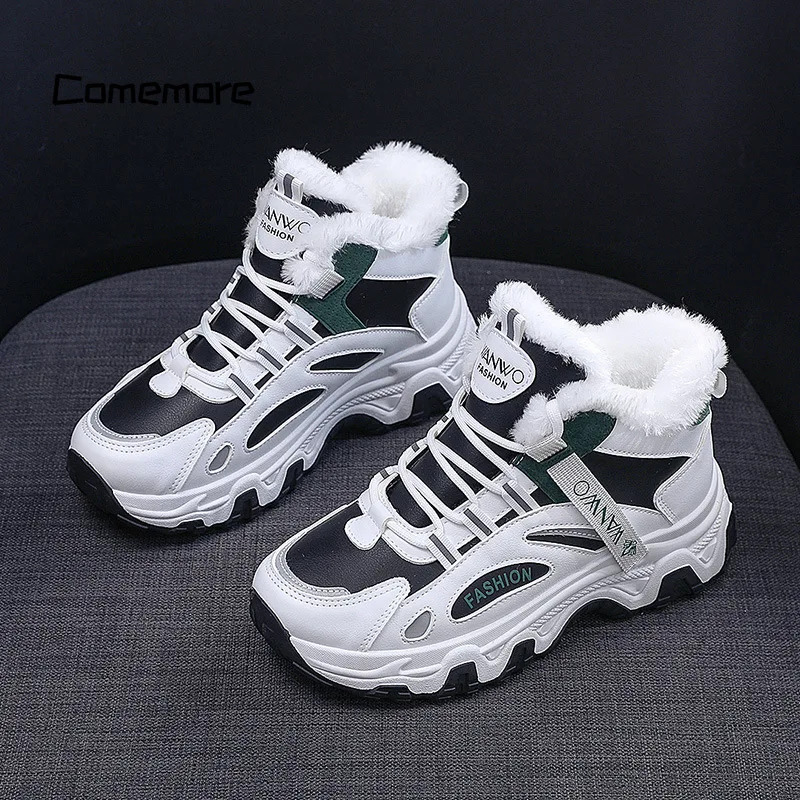 Comemore chunky Platform plush Vulcanize Shoes Fashion Plus Veet Warm Casual Running Shoe for Woman Winter Women's Sneakers 40