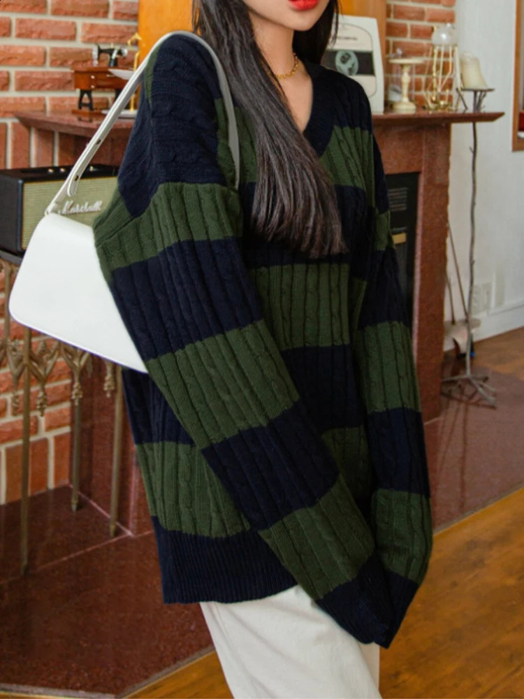 Suninbox Vintage V Neck Acrylic Knitted Sweaters Women Korean Fashion Long Sleeve Striped Sweater Pullover Autumn Winter Clothes 240904