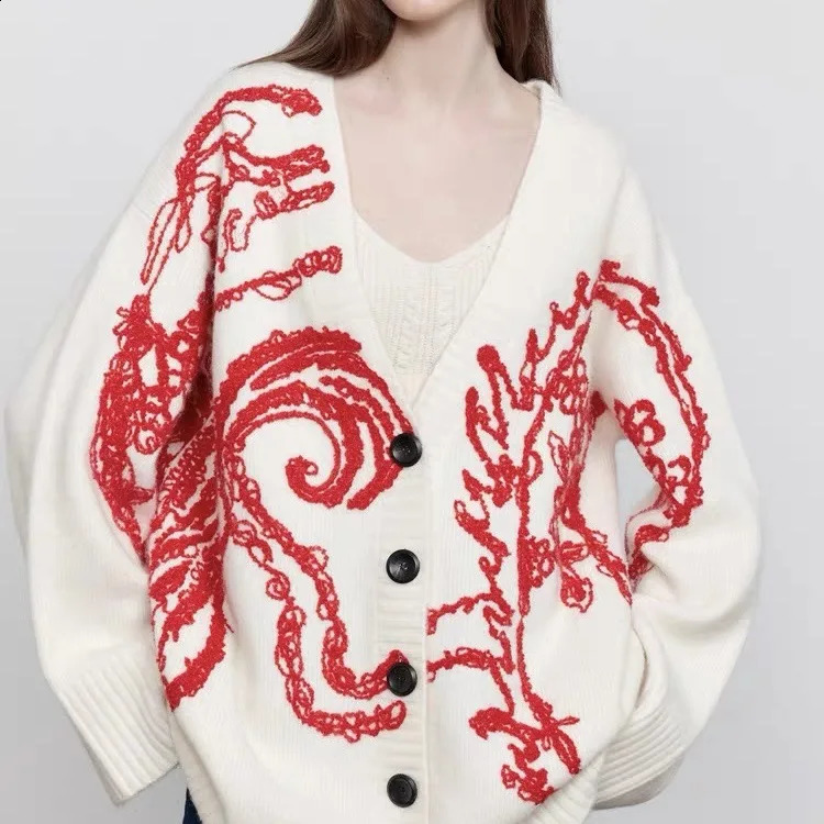 Spring Colorful Dragon Sweater Floral Wool Blended Embroidered Knitted Cardigan for Women 240904