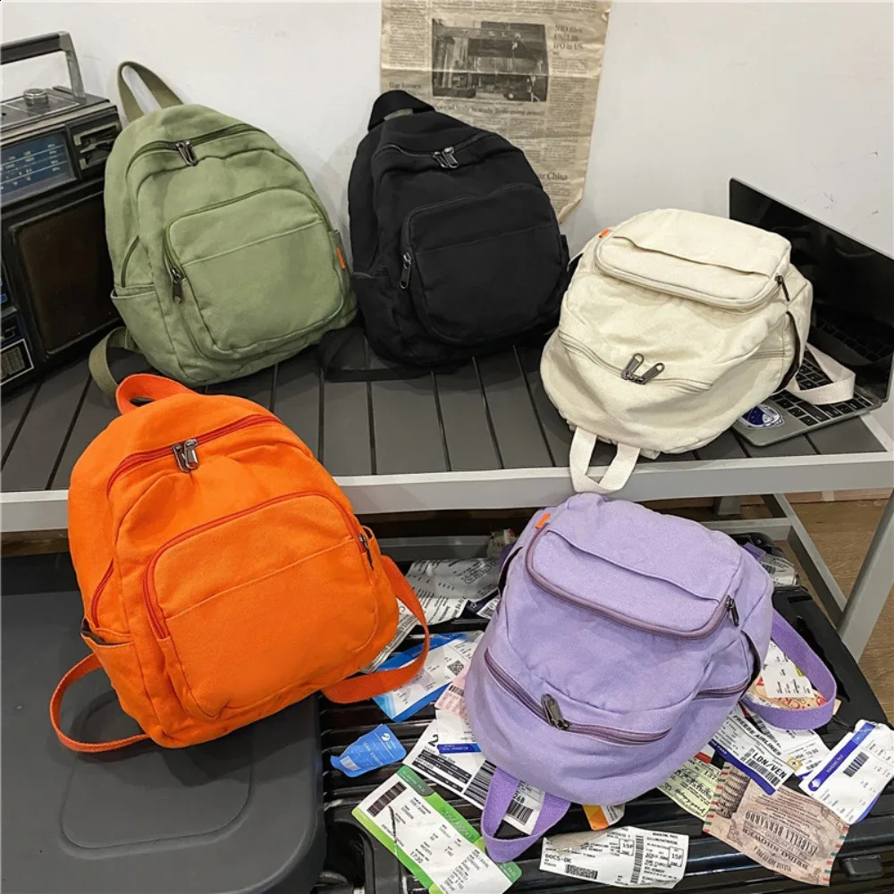 Casual solid color small backpack canvas zipper mini backpack Korean style travel backpack 240912