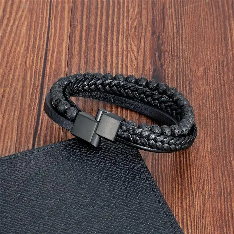Fashionable volcanic stone bead bracelet multi woven leather bracelet mens stainless steel magnetic bracelet jewelry gift 240914
