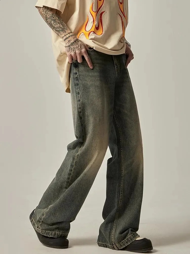Vintage Blue Jeans Mens Clothing Spring and Autumn Holes Y2K Straight Pants Button Pocket Loose Trousers A030 240911