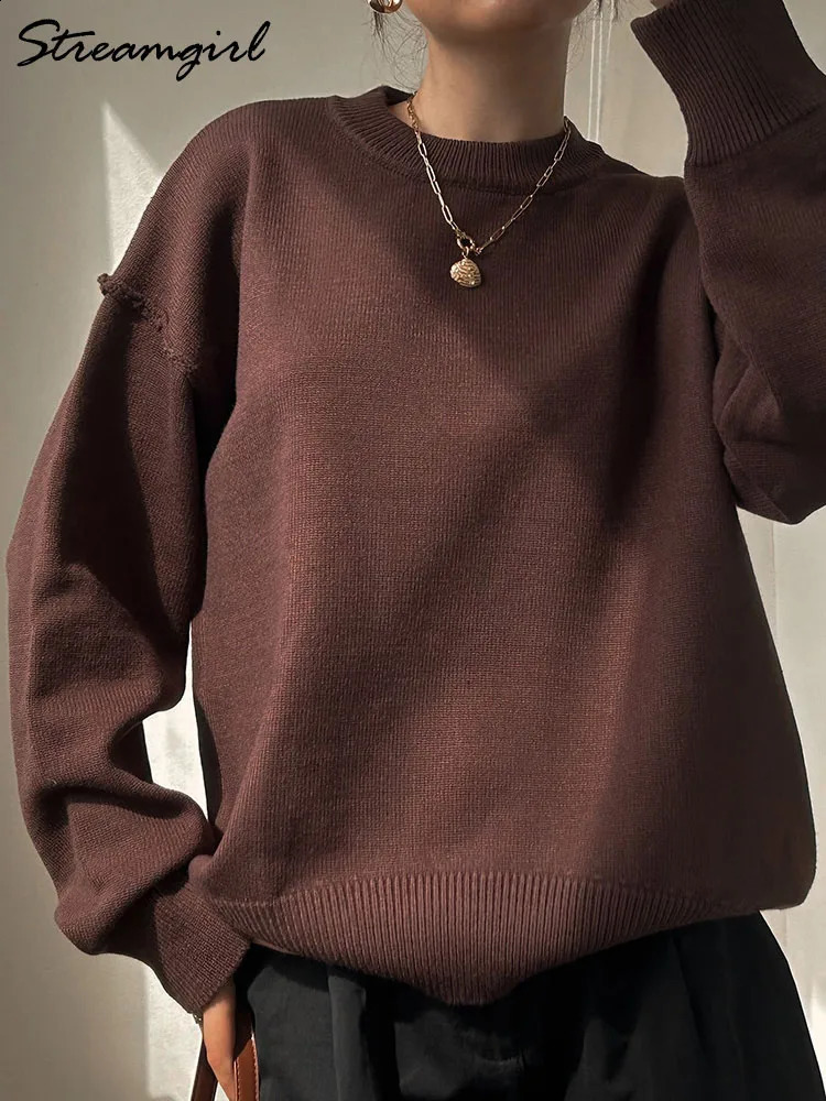 Blue oversized womens sweater winter thick beige floral autumn fashionable loose Oneck jumping 240906
