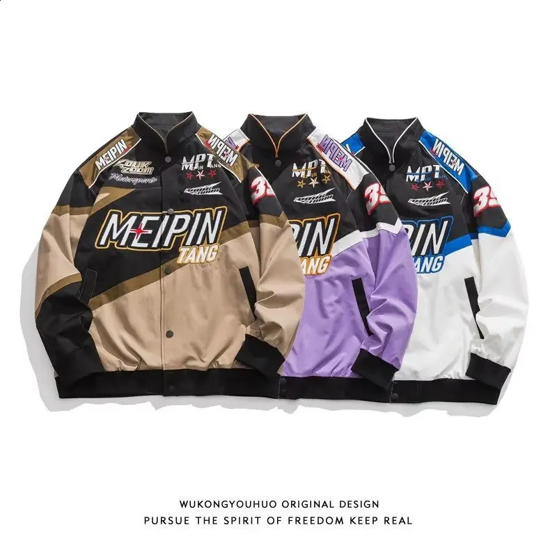 American Street Motorcycle Baseball Jacket Mens Y2K Hiphop Loose Fitting Vintage Racing Suit Vintage Embroidered Pilot Jacket 240911