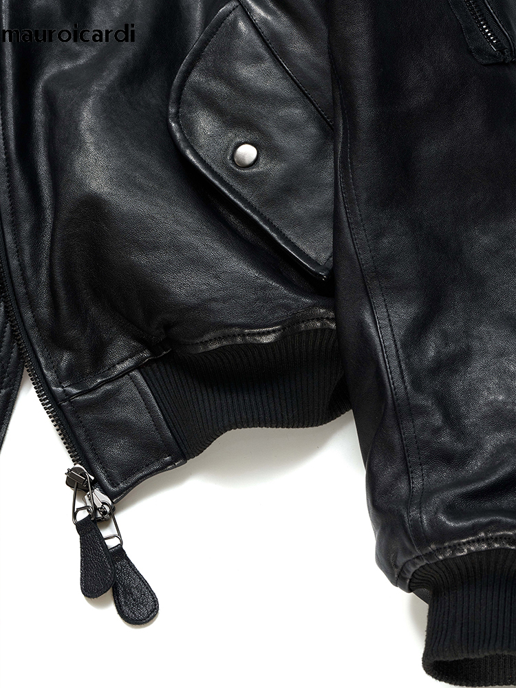 Mauroicardi Autumn Winter Cool Handsome Short Vintage Thickened Warm Black Pu Leather Bomber Jacket Men Designer Clothes