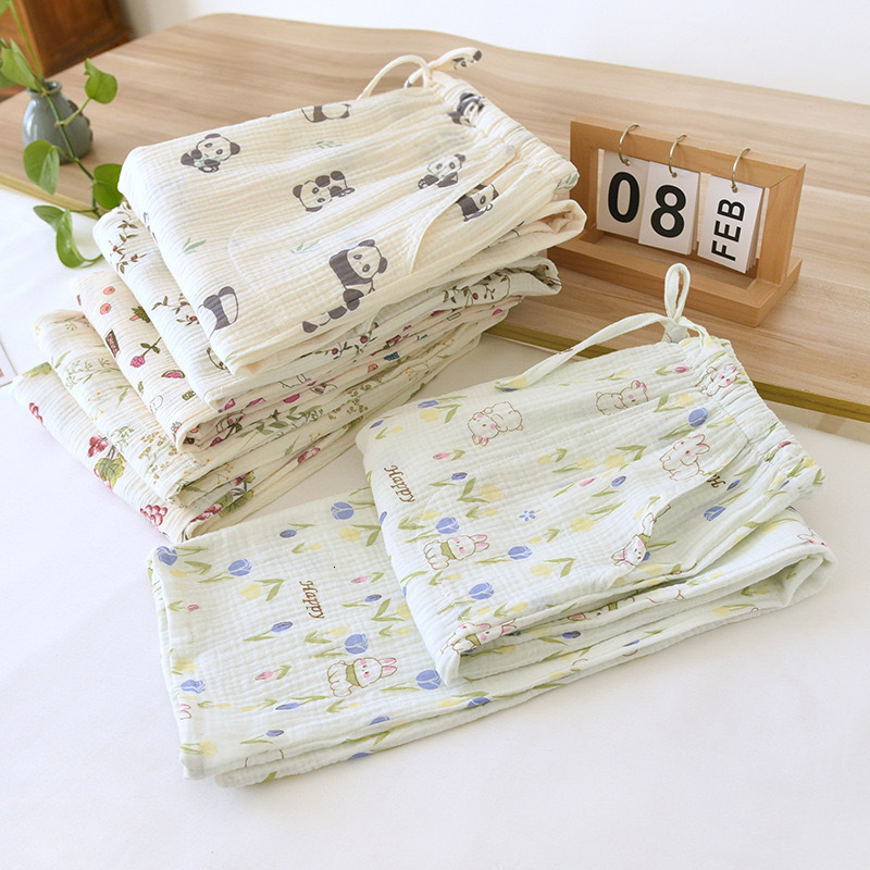2024 Spring Pamas 100% Cotton Crepe Summer Women's Comfortable Loose Home Pants Thin Bottoms With Pockets