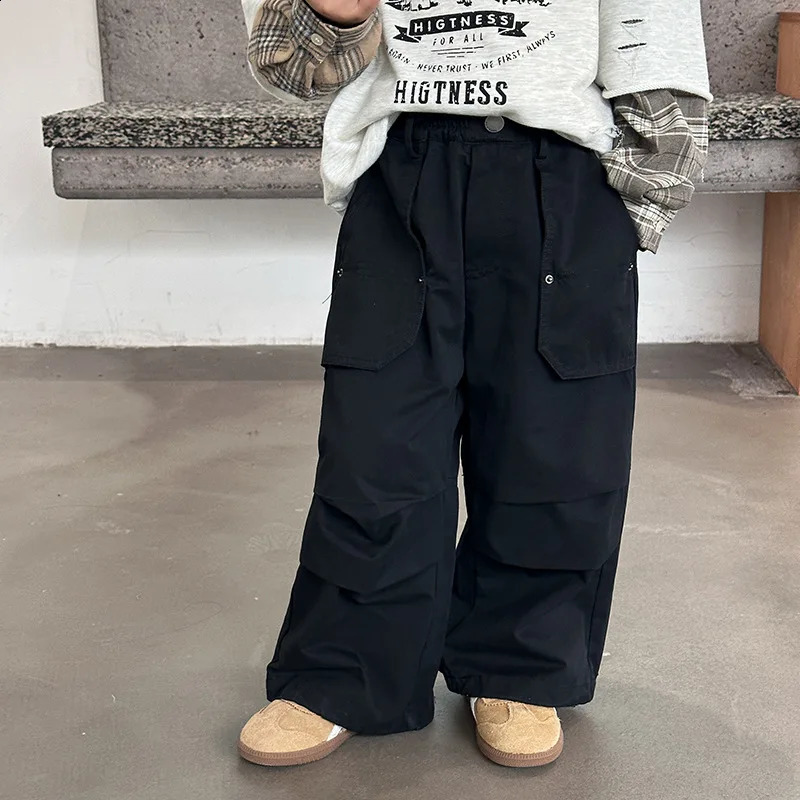 Kids spring summer loose Trousers boys and girls pockets decoration cargo pants 2--7Y 240906