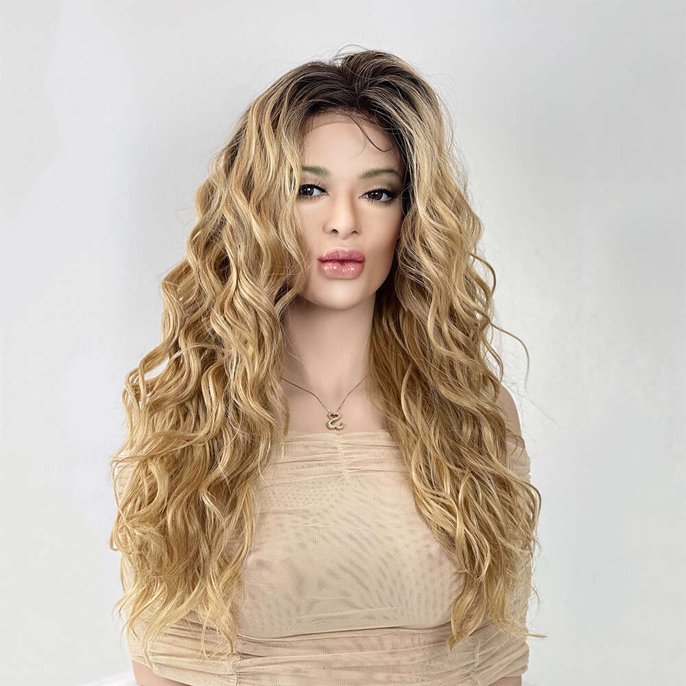 Honey Blonde Rooty Ombre Curly Synthetic Lace Front Heat Resistant Human Hair Blend Wig Middle Parting Daily Use