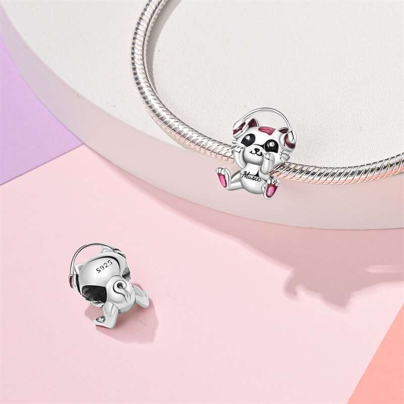 925 Sterling Silver Teacup Music Pink Cat Paw Charms Beads Fit Original Bracelet Fine DIY Cute Jewelry Gift