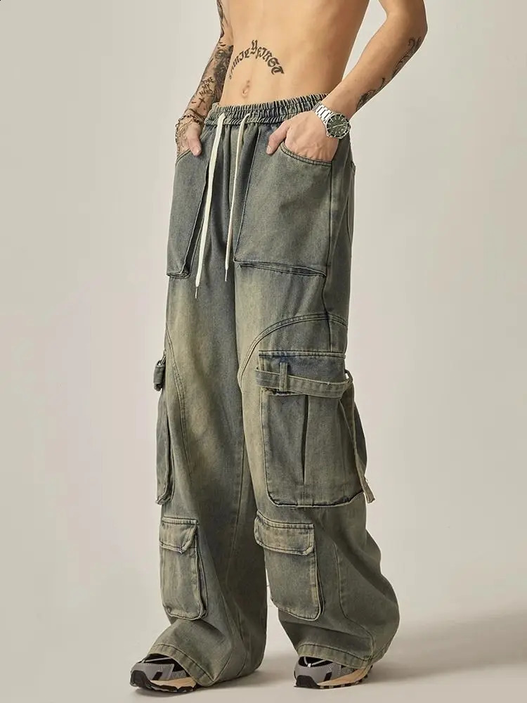 High Street Summer Retro Washed Straight Tube Workwear Jeans Pockets for Men and Women Casual Loose American Pants y2k 240911