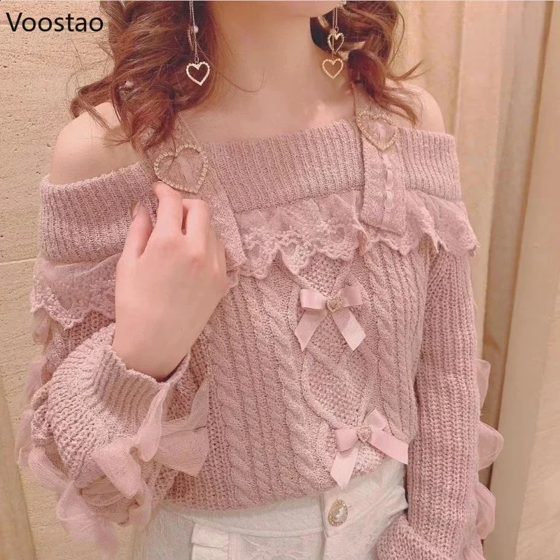 Vintage Sweet Lolita Style Knitted Pullover Autumn Girls Cute Off Shoulder Lace Ruffles Bow Sweater Women Harajuku Knitwear Tops 240911