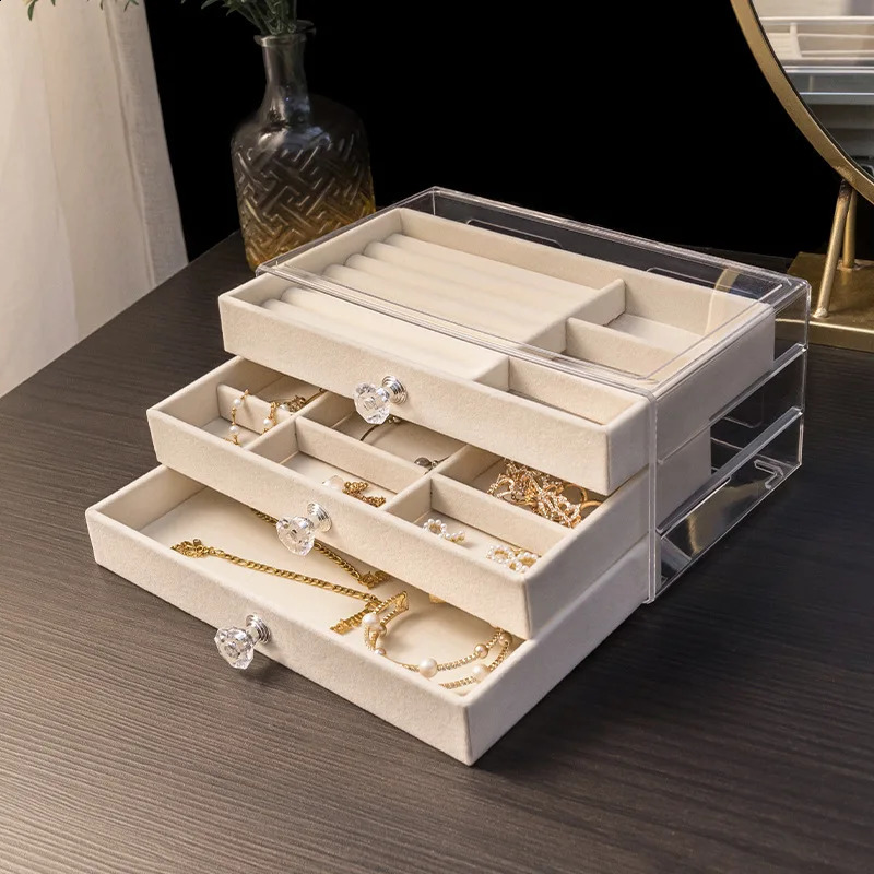 Large Capacity Jewelry Box Three-Layer Drawer Earrings Necklace Flannel Storage Case Compartmentalized Jewelry Organizer Display 240910