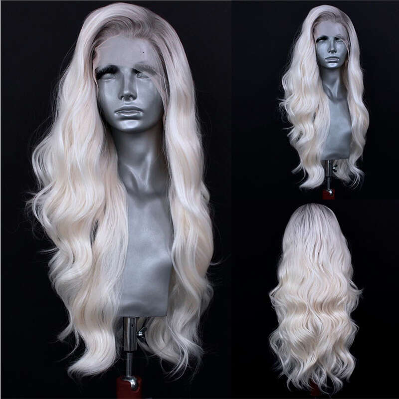 Icy Blonde Body Wave Synthetic Heat Resistant Mixed 10% Human Hair White Lace Front Wig #6 Roots 150% Daily Use