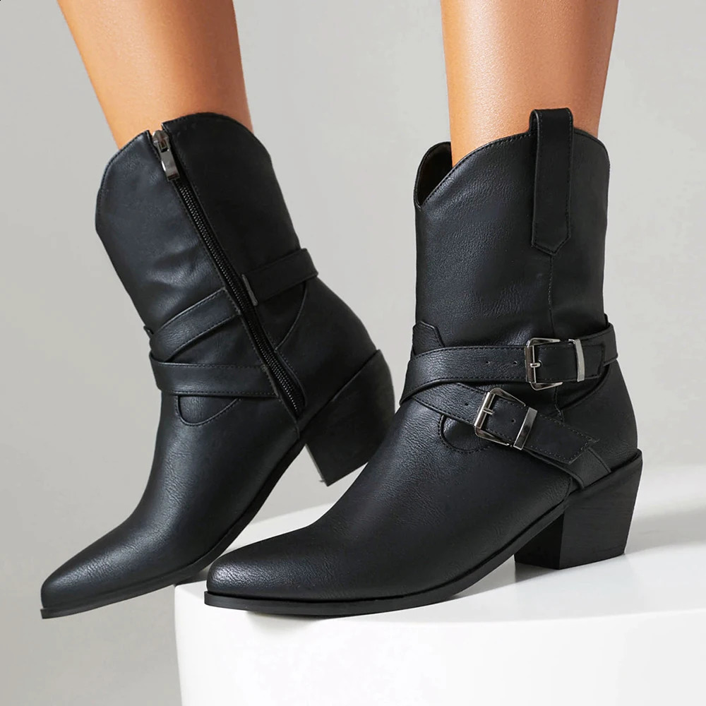 Plus Size 43 Womens Cowboy Boots Short and Fat High Heels Pointed Foot Bracelets Ankle Boots Womens Cossacks Bottas Autumn Womens Shoes 240914