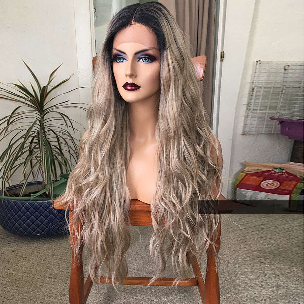 Dark Mixed Human Hair Lace Front Wig With Ombre Brown Roots Blonde Highlights 24" Long Wavy Synthetic Wigs Heat Resistant