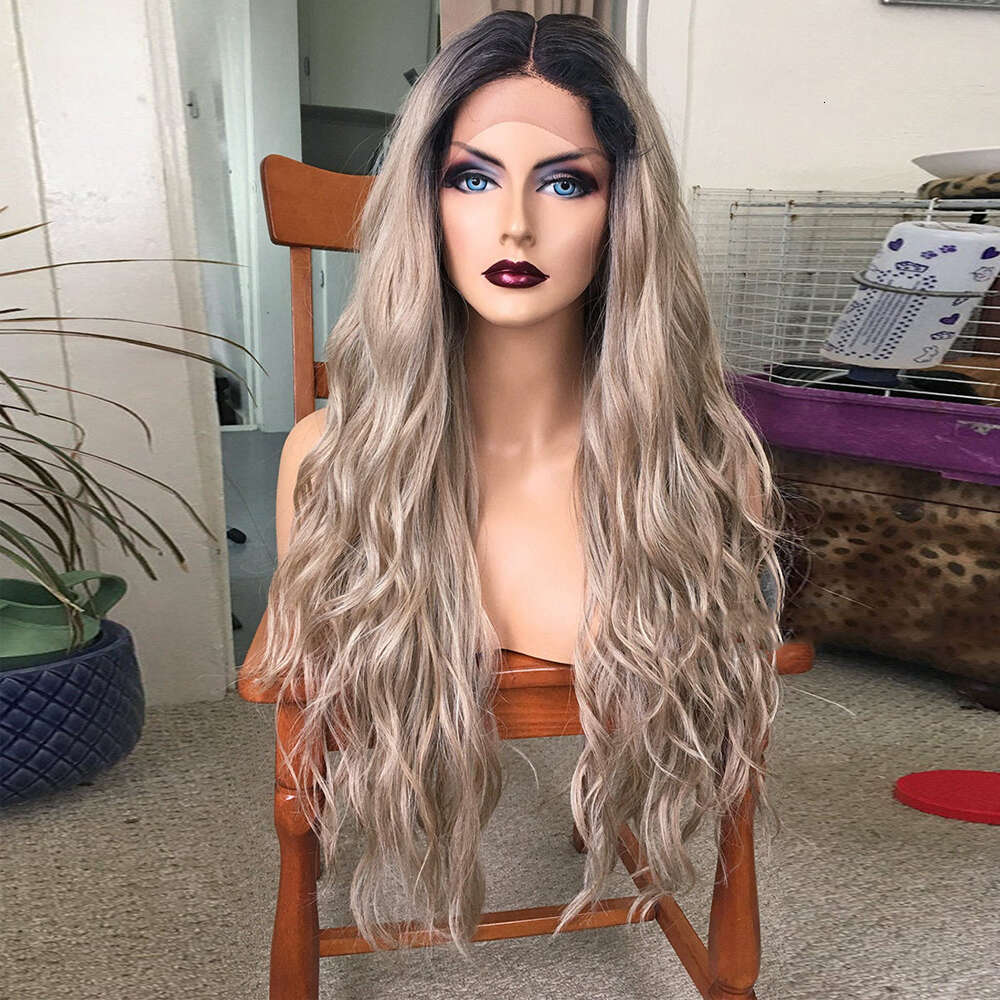 Dark Mixed Human Hair Lace Front Wig With Ombre Brown Roots Blonde Highlights 24" Long Wavy Synthetic Wigs Heat Resistant