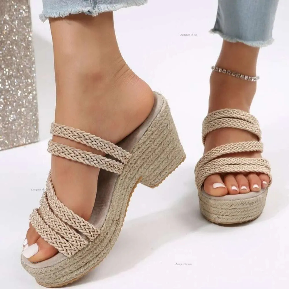 Size Summer Large Women's Linen Solid Color Woven Minimalist Ins Style Sandals, Slope Heel Sandals