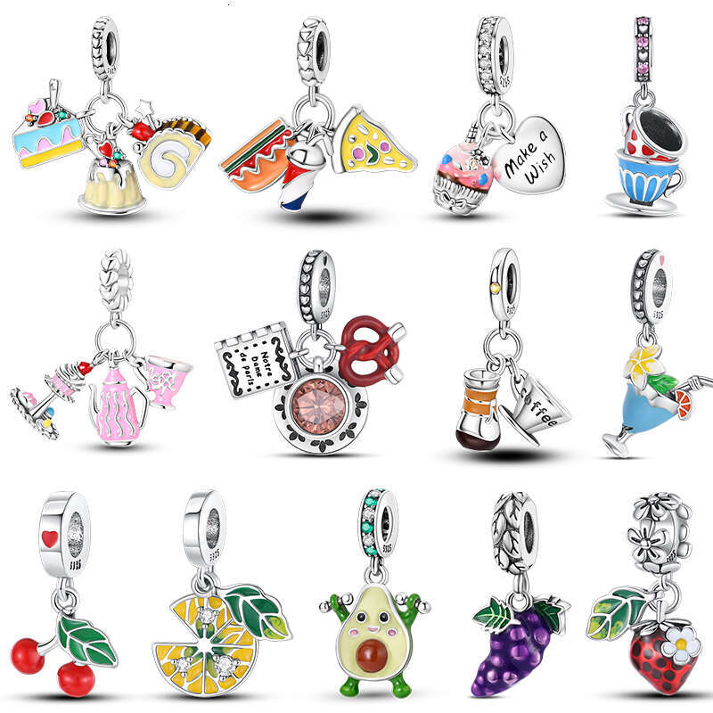 925 Sterling Silver Coffee Cake Pizza kola Avocado Food Charms Bead Fit Original Bracelets DIY Making Jewelry